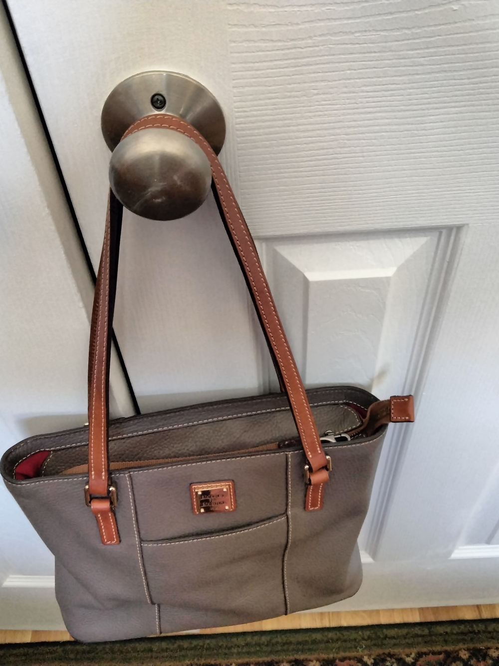 Dooney & Bourke Classic Gray Shoulder Tote With Brown Leather Handles And Trim